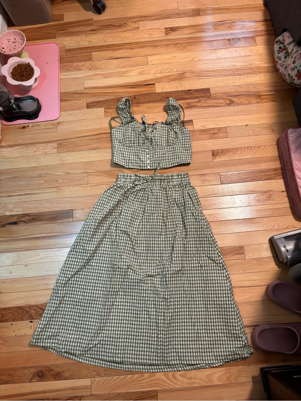 Monteau Green Gingham Maxi Skirt Set